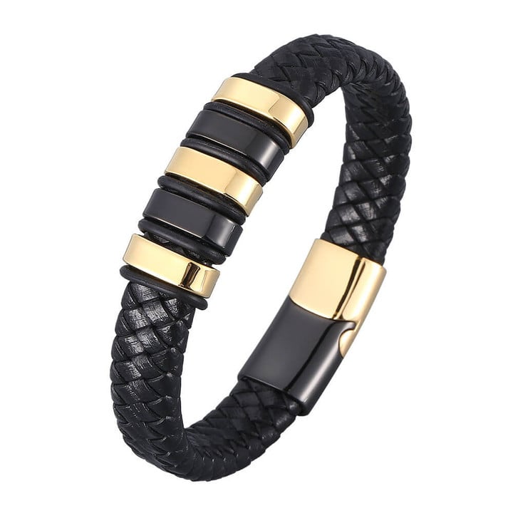 Punk Style Beaded Bracelet Wholesale New Black Real Leather Braided Wristband