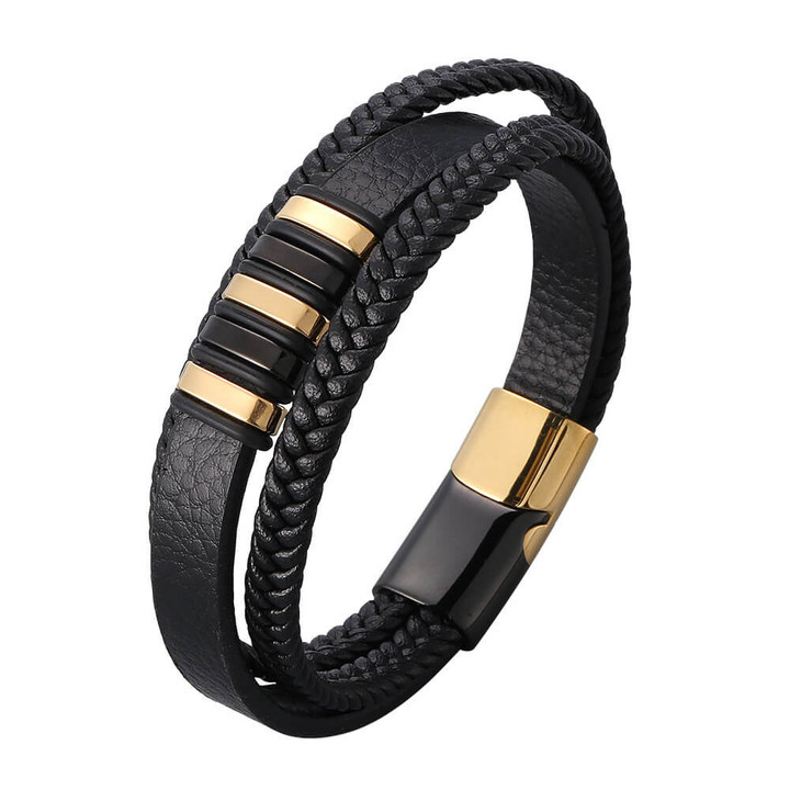 Stainless Gold & Black Magnetic Buckle Men Unique Multilayer Leather Bracelet
