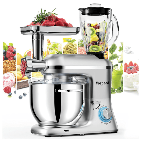 Vospeed 5-in-1 Stand Mixer, 850W Tilt-Head Multifunctional Electric Mixer with 7.5 QT Stainless Steel Bowl, Silver