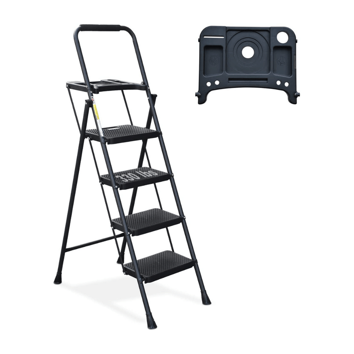 HBTower 4 Step Ladder With Tool Platform, Lightweight 330 Pounds, Black
