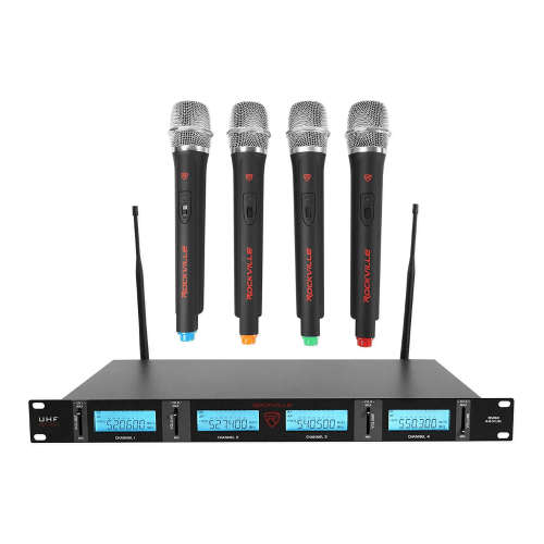 Rockville QUAD UHF 4 Wireless HandHeld Microphone System With LCD Display