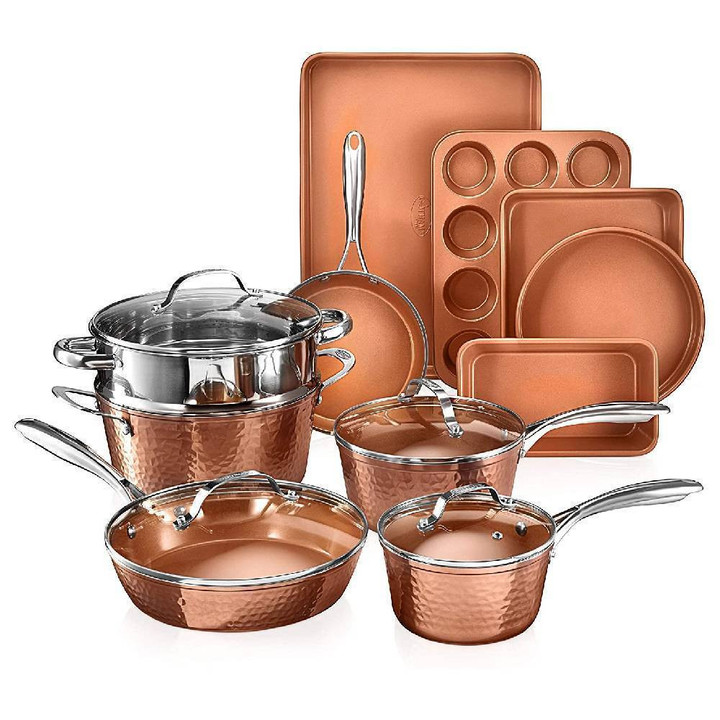 Gotham Steel Hammered Copper Collection – 15 Piece Premium Cookware & Bakeware Set-Toolcent®