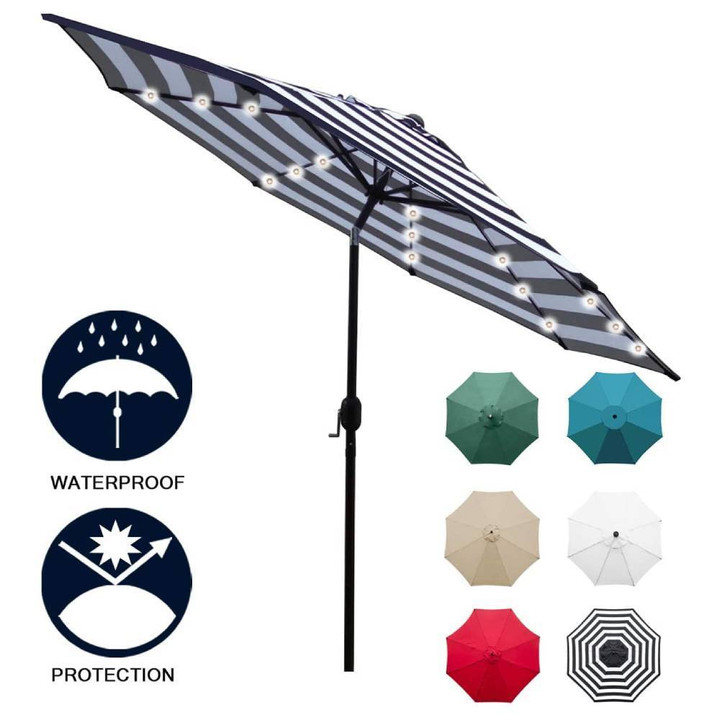 Sunnyglade 9' Solar 24 LED Lighted Umbrella With 8 Ribs Adjustment And Crank Lift System