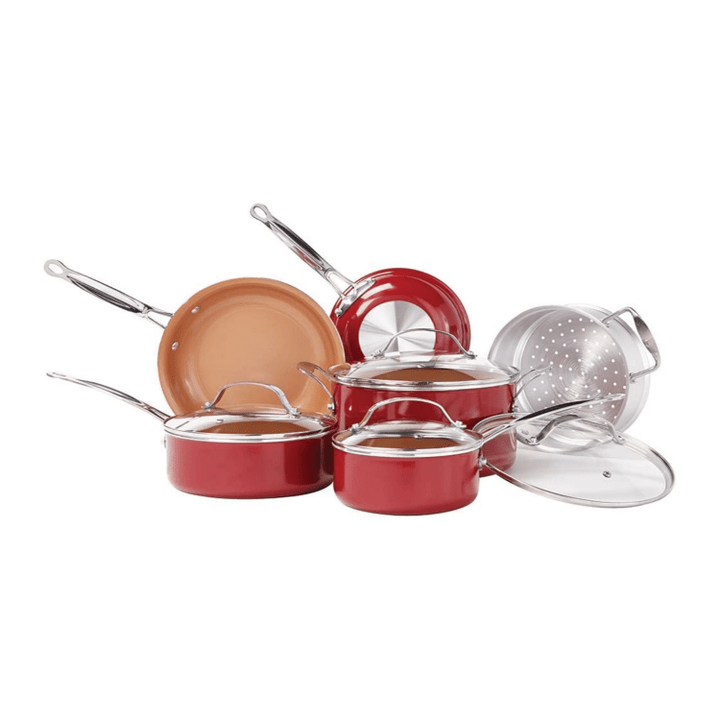 BulbHead Red Copper 10 Pieces Copper-Infused Ceramic Cookware Set