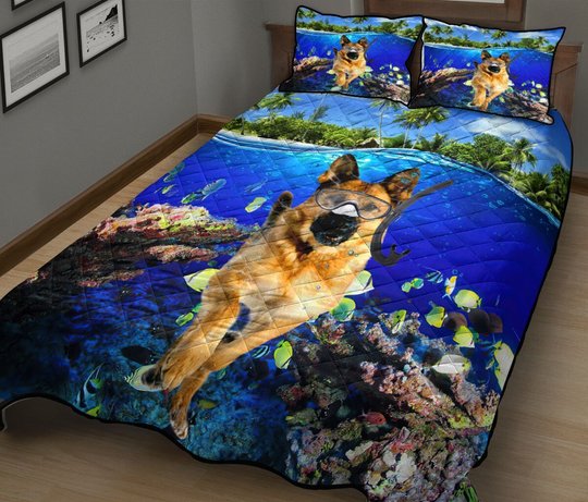 DIEDOG2307002-DIQDOG2307002 German Shepherd DIVING Quilt Bed Set & Quilt Blanket