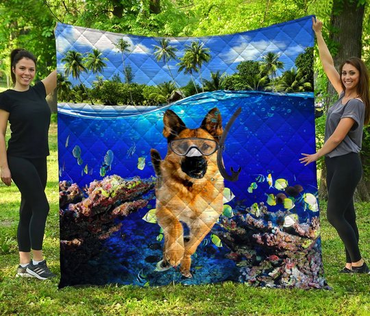 DIEDOG2307002-DIQDOG2307002 German Shepherd DIVING Quilt Bed Set & Quilt Blanket