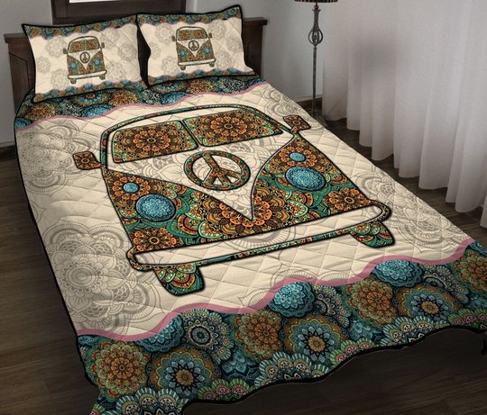 DIEH7001-Hippie bus Quilt Bed Set-Quilt Blanket