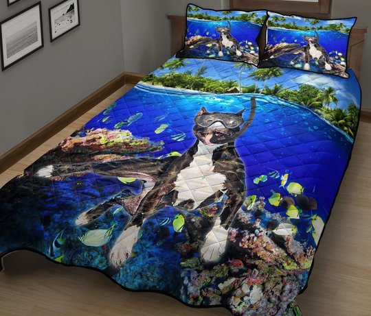 DIEDOG2307004-DIQDOG2307004 Boston Terrier DIVING Quilt Bed Set & Quilt Blanket