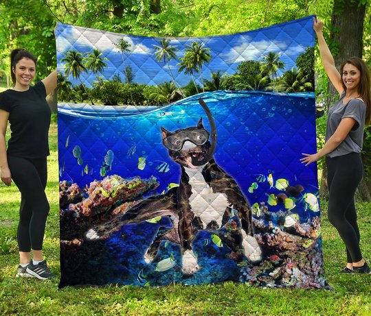 DIEDOG2307004-DIQDOG2307004 Boston Terrier DIVING Quilt Bed Set & Quilt Blanket