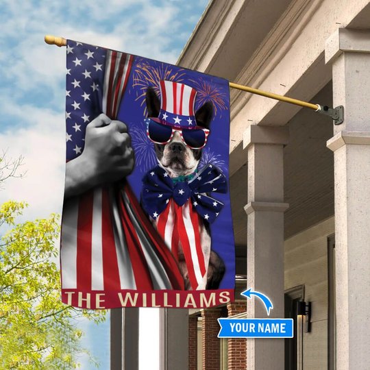 BIF1502 Boston Terrier Independence Day Personalized Flag
