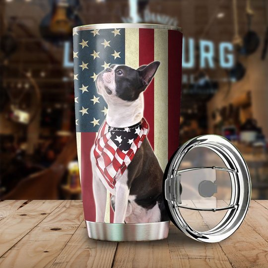 THU0171 Boston Terrier God Bless America Personalized Stainless Steel Tumbler