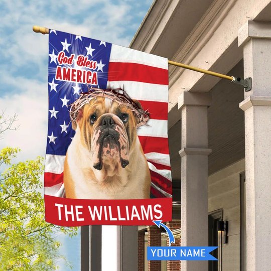 CHFD3004 Bulldog God Bless America Personalized House Flag