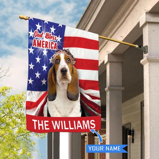 CHFD3002 Basset Hound God Bless America Personalized House Flag