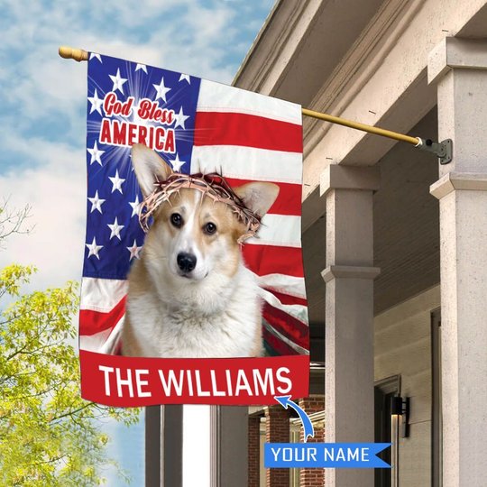 CHFD3006 Corgi God Bless America Personalized House Flag