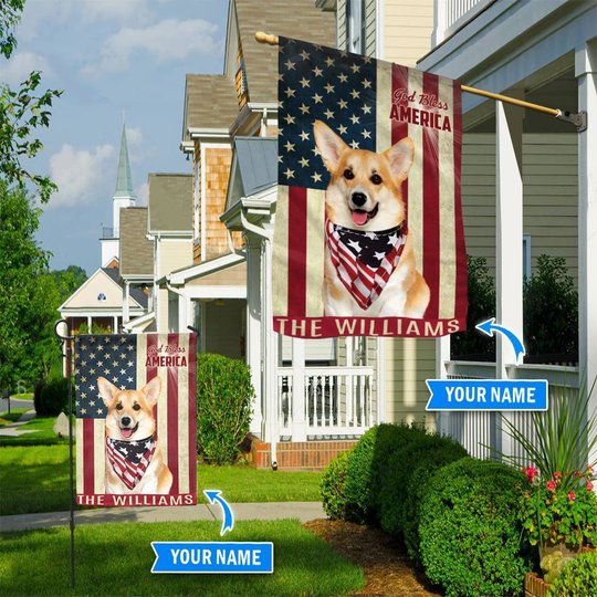 THF0168 Corgi God Bless America Personalized Flag