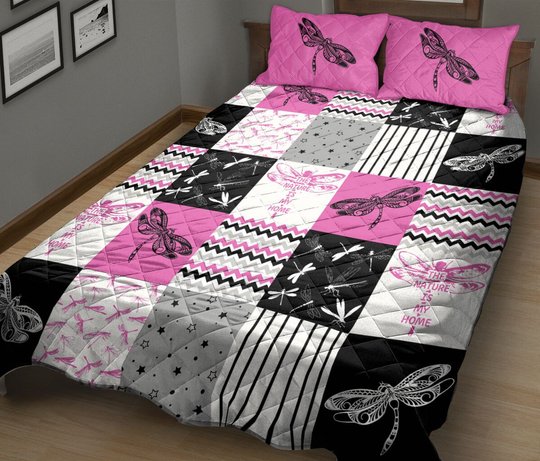 BIE0402 Dragonfly The nature is my home Pink Quilt Bed Set