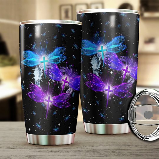 BIU0401 Dragonfly With Christian Cross Stainless Steel Tumbler