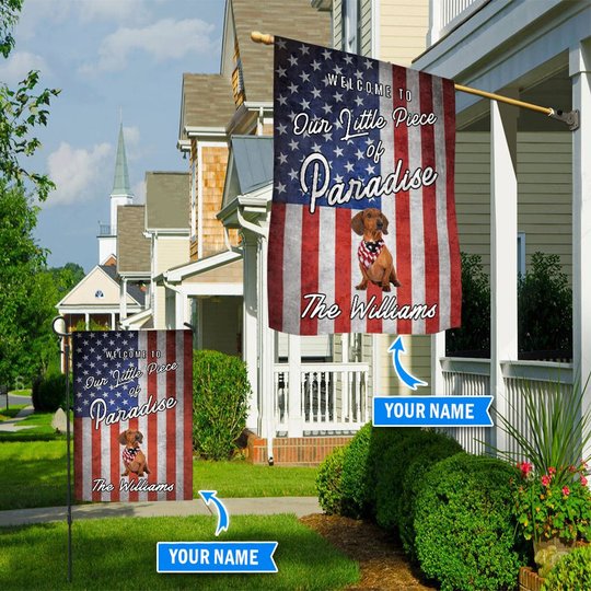 BIF20070907 Dachshund Smiling Welcome To Our Paradise Personalized Flag