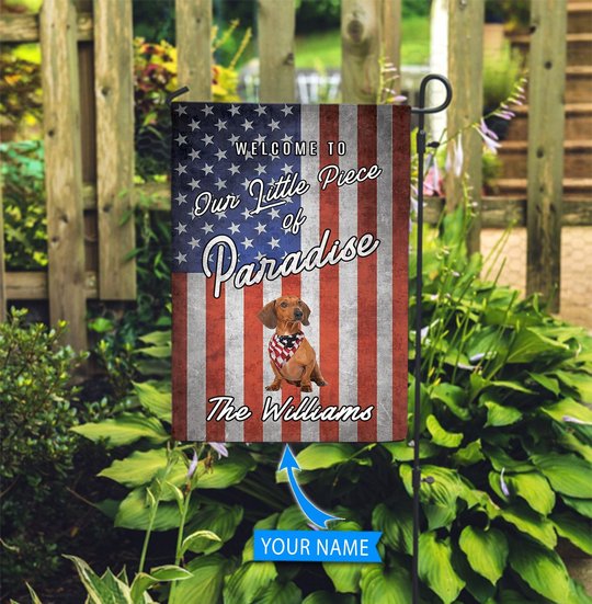 BIF20070907 Dachshund Smiling Welcome To Our Paradise Personalized Flag