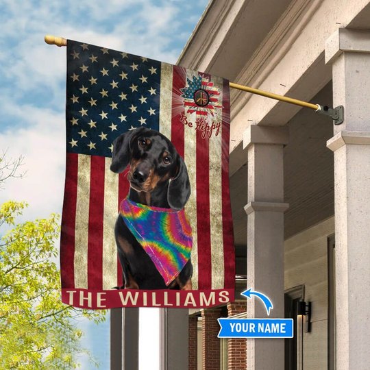 MHFCHO211 Black Dachshund Hippie Personalized Flag