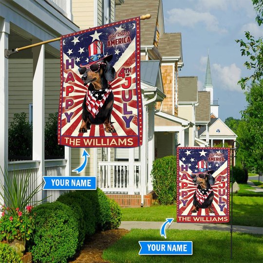 DIF6006-BLACK Dachshund God bless america - 4th of july Personalized Flag