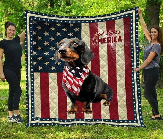 Black Dachshund God Bless America Quilt Bed Set & Quilt Blanket