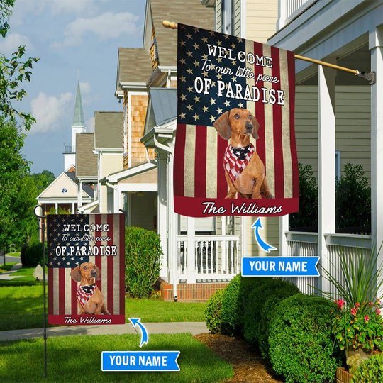 BIF20071304 Red Dachshund Welcome To Our Paradise Personalized Flag