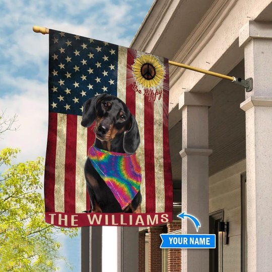 MHFCHO111 Black Dachshund Hippie Personalized Flag