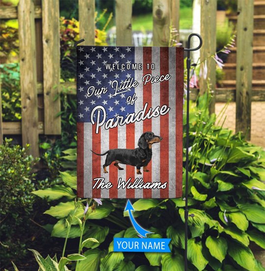 BIF20070902 Black Dachshund Welcome To Our Paradise Personalized Flag