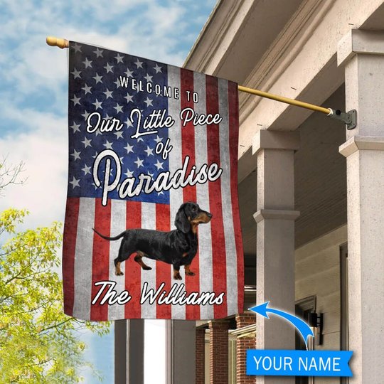 BIF20070902 Black Dachshund Welcome To Our Paradise Personalized Flag