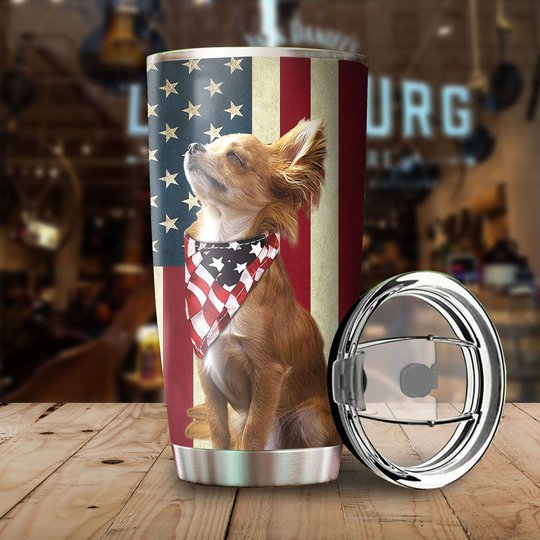 THU0174 Chihuahua God Bless America Personalized Stainless Steel Tumbler