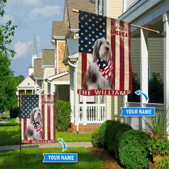 THF0227 Old English Sheepdog God Bless America Personalized Flag