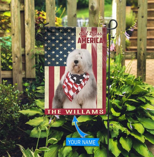THF0294 Old English Sheepdog God Bless America Personalized Flag
