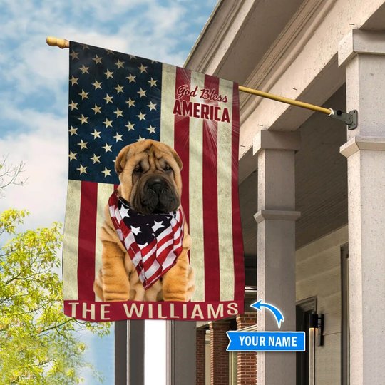 THF0195 Shar Pei God Bless America Personalized Flag