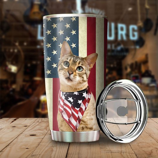 THU0180 Bengal Cat God Bless America Personalized Stainless Steel Tumbler