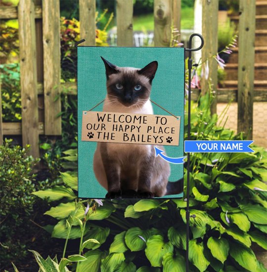 THF20072410 Siamese Cat-Welcome to our happy place Personalized Flag