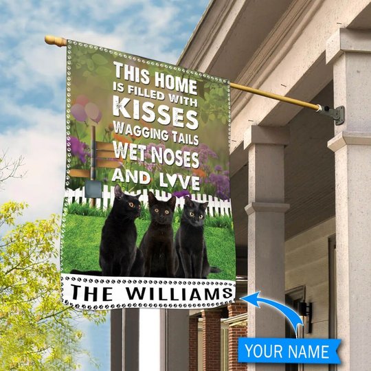 BIF2505 Black cat This Home Is Filled With Kisses Personalized Flag