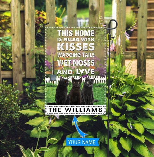 BIF2505 Black cat This Home Is Filled With Kisses Personalized Flag