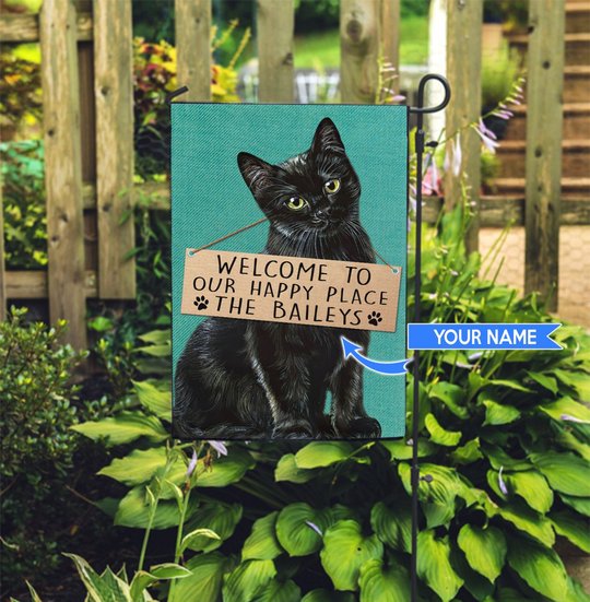 THF20072402 Black Cat--Welcome to our happy place Personalized Flag