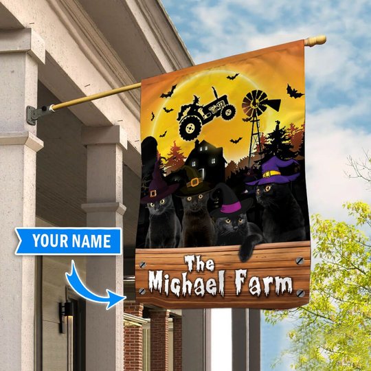 TUF1104 Black Cat Halloween Farm Personalized Flag