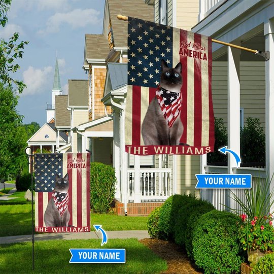 THF0251 Siamese Cat God Bless America Personalized Flag
