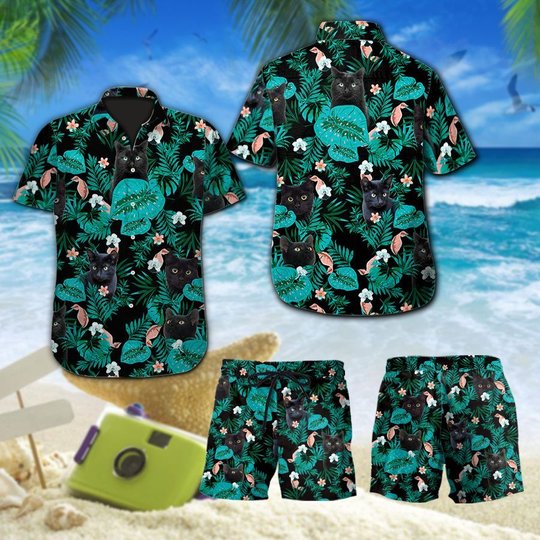 DITCOMBODOG1001-BLACK CAT- Hawaii Shirts -Men's Shorts