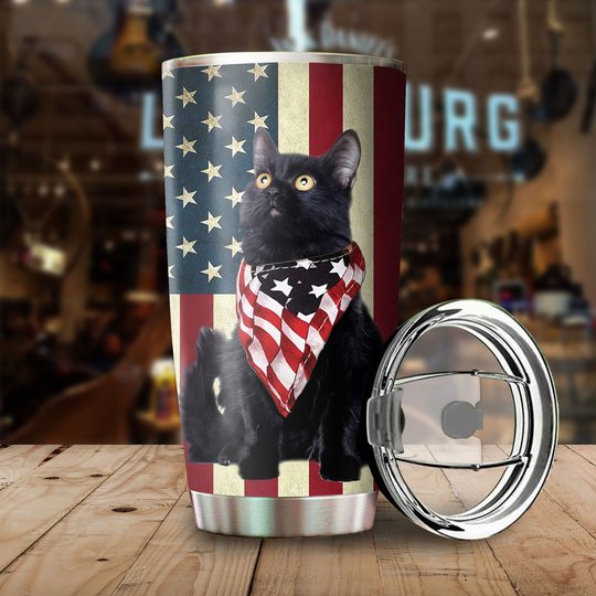 THU0169 Black cat God Bless America Personalized Stainless Steel Tumbler