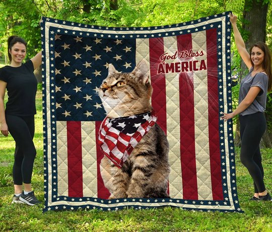 Cat God Bless America Quilt Bed Set & Quilt Blanket