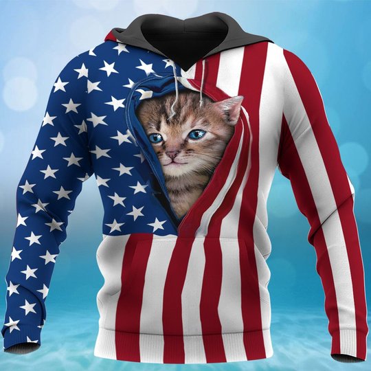 BIT0401 Cat Opened Flag USA 3D HOODIE