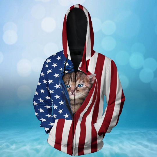 BIT0401 Cat Opened Flag USA 3D HOODIE