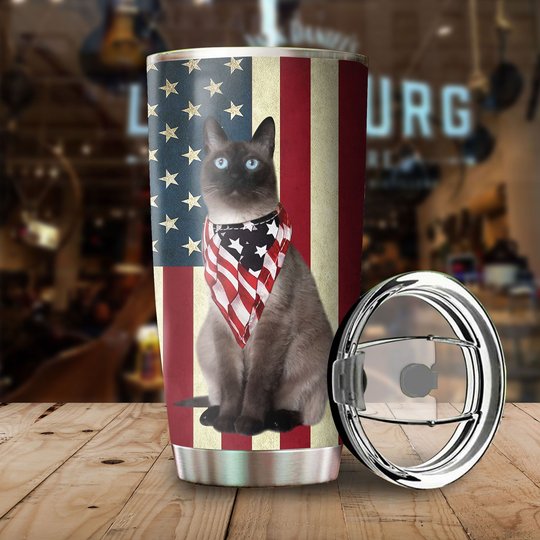 THU0179 Siamese Cat God Bless America Personalized Stainless Steel Tumbler