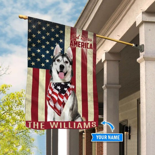 THF0232 Siberian Husky God Bless America Personalized Flag