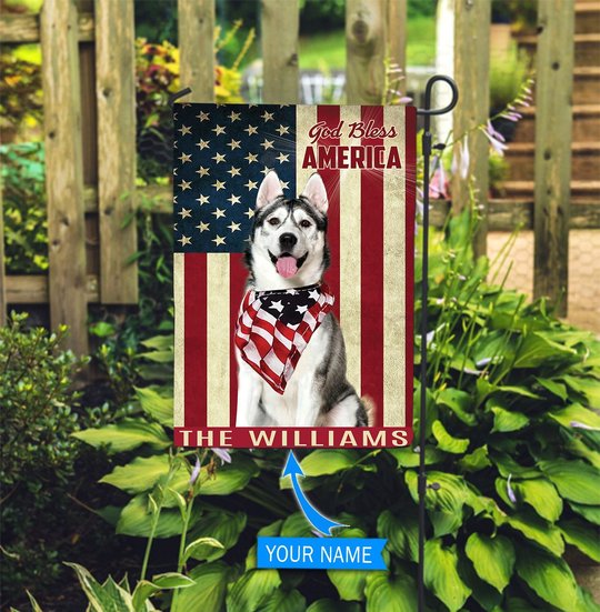 THF0232 Siberian Husky God Bless America Personalized Flag