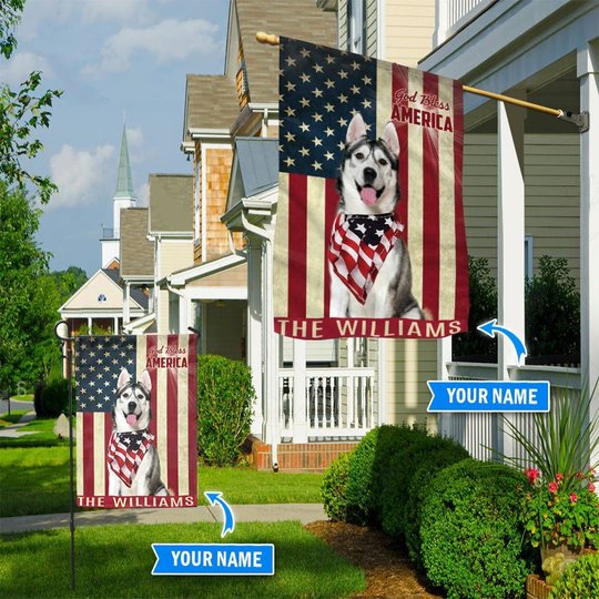 THF0232 Siberian Husky God Bless America Personalized Flag